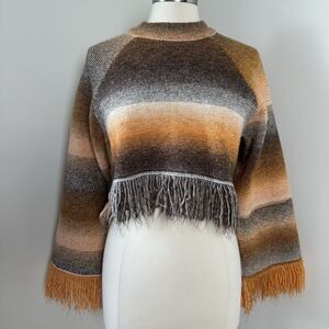 ZARA Sweater Womens Small Cropped Orange Fringed Striped Ombre Boho Sweater